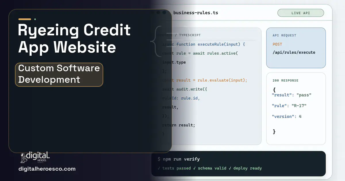 Custom Software Development code editor and API illustration for Ryezing Client Case Study.