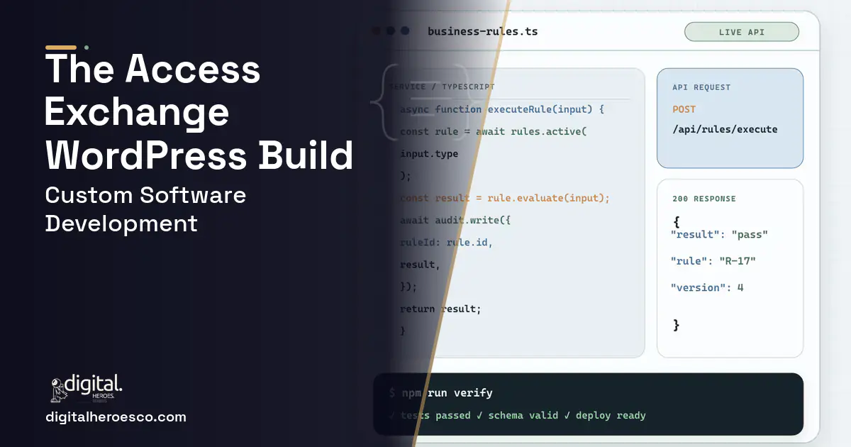 Custom Software Development code editor and API illustration for THE Access Exchange Client Case Study.