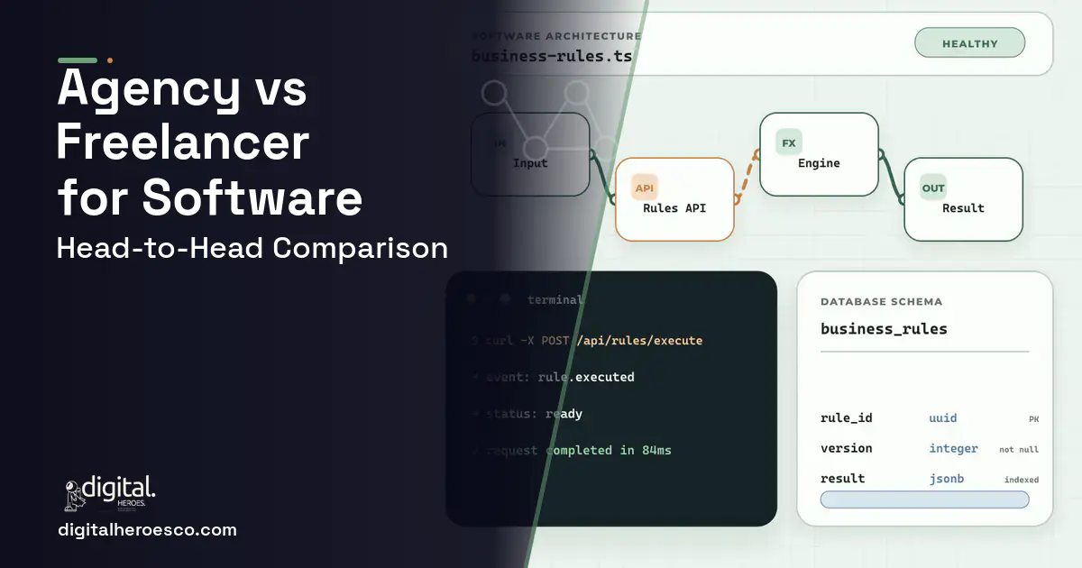 Custom Software Development architecture and database illustration for Agency VS Freelancer.