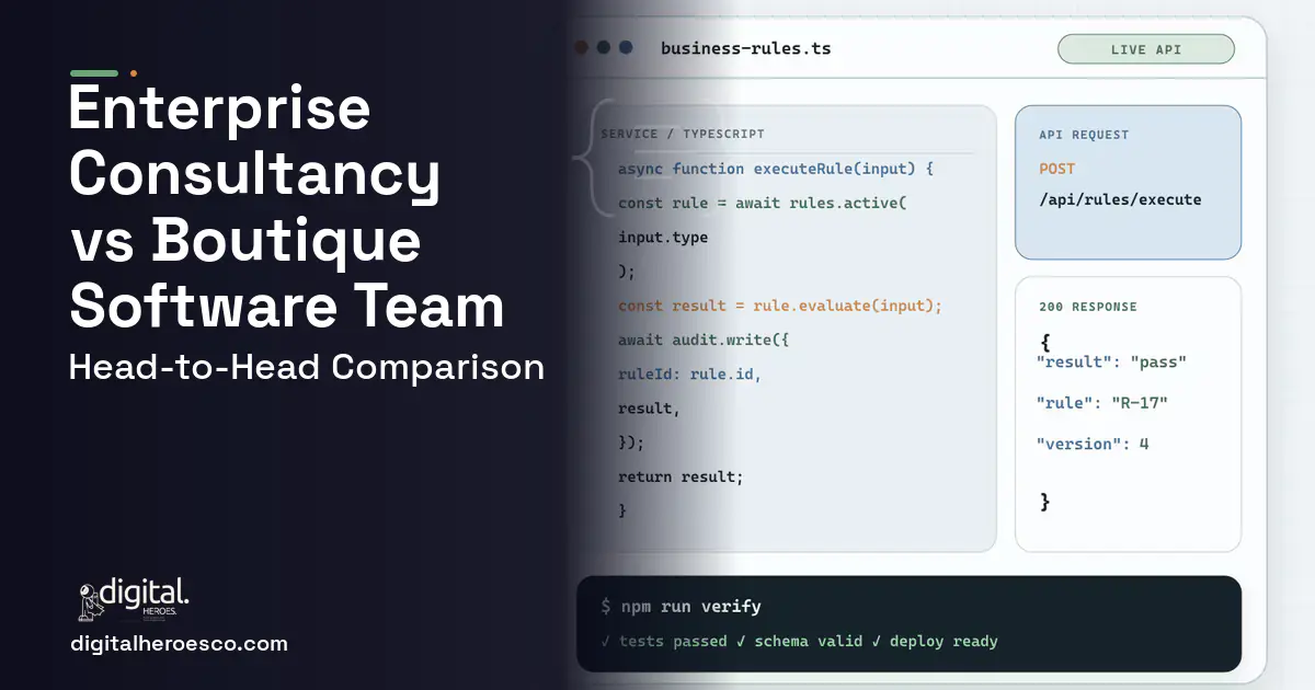 Custom Software Development code editor and API illustration for Enterprise Consultancy vs Boutique Software Team.