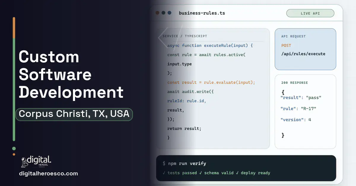 Custom Software Development code editor and API illustration for Corpus Christi, TX, USA.