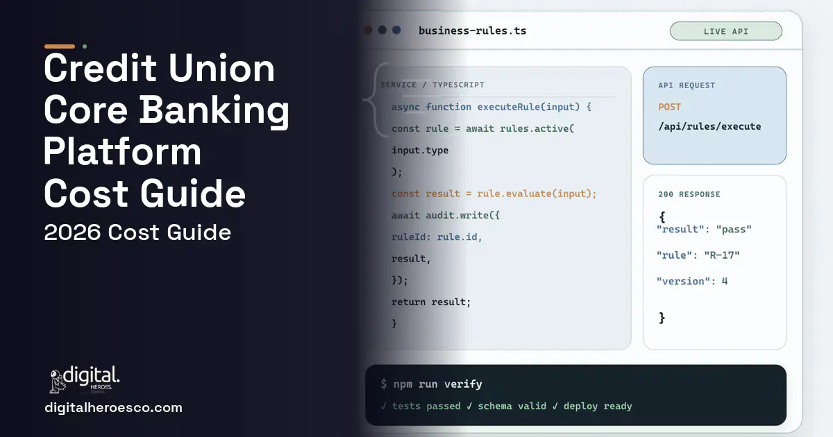Custom Software Development code editor and API illustration for Credit Union Core Banking Platform Cost Guide.