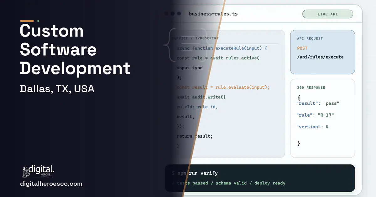 Custom Software Development code editor and API illustration for Dallas, TX, USA.