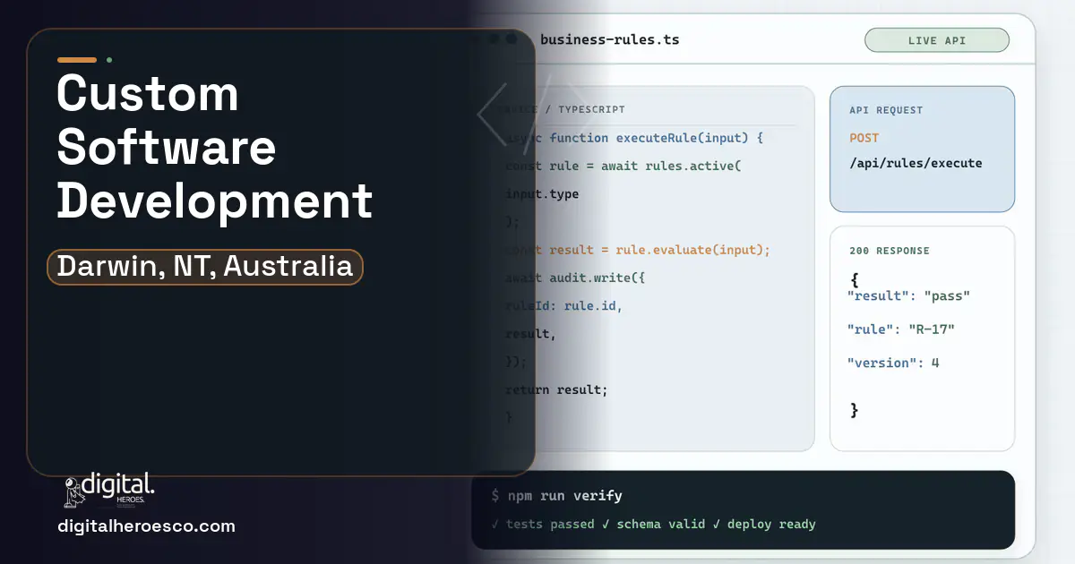 Custom Software Development code editor and API illustration for Darwin, NT, Australia.