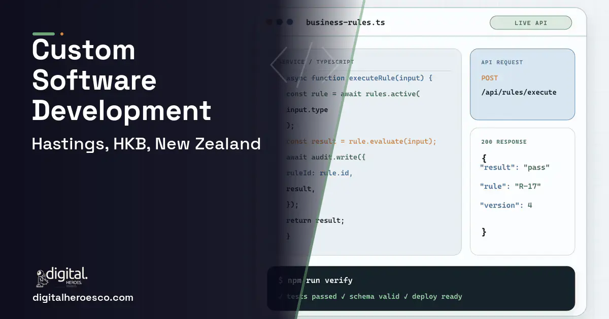 Custom Software Development code editor and API illustration for Hastings, HKB, New Zealand.