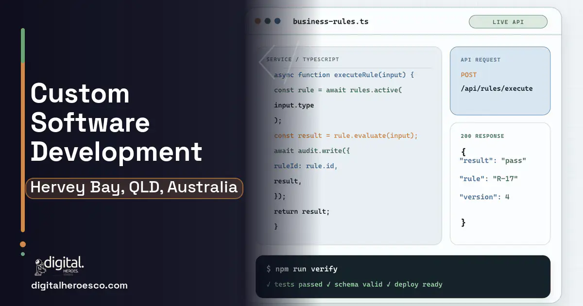 Custom Software Development code editor and API illustration for Hervey Bay, QLD, Australia.