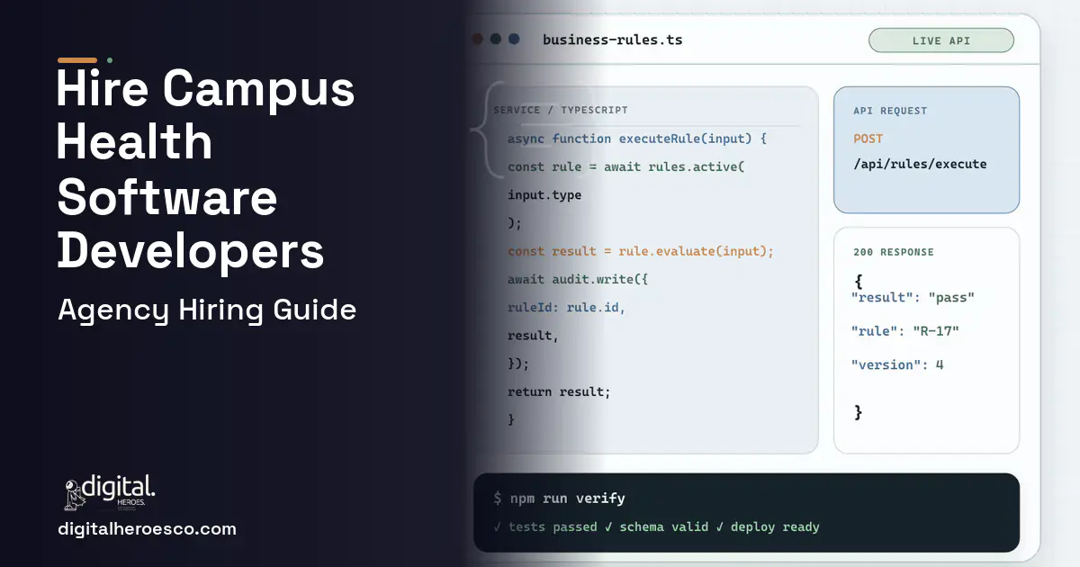 Custom Software Development code editor and API illustration for Campus Health Center Software.