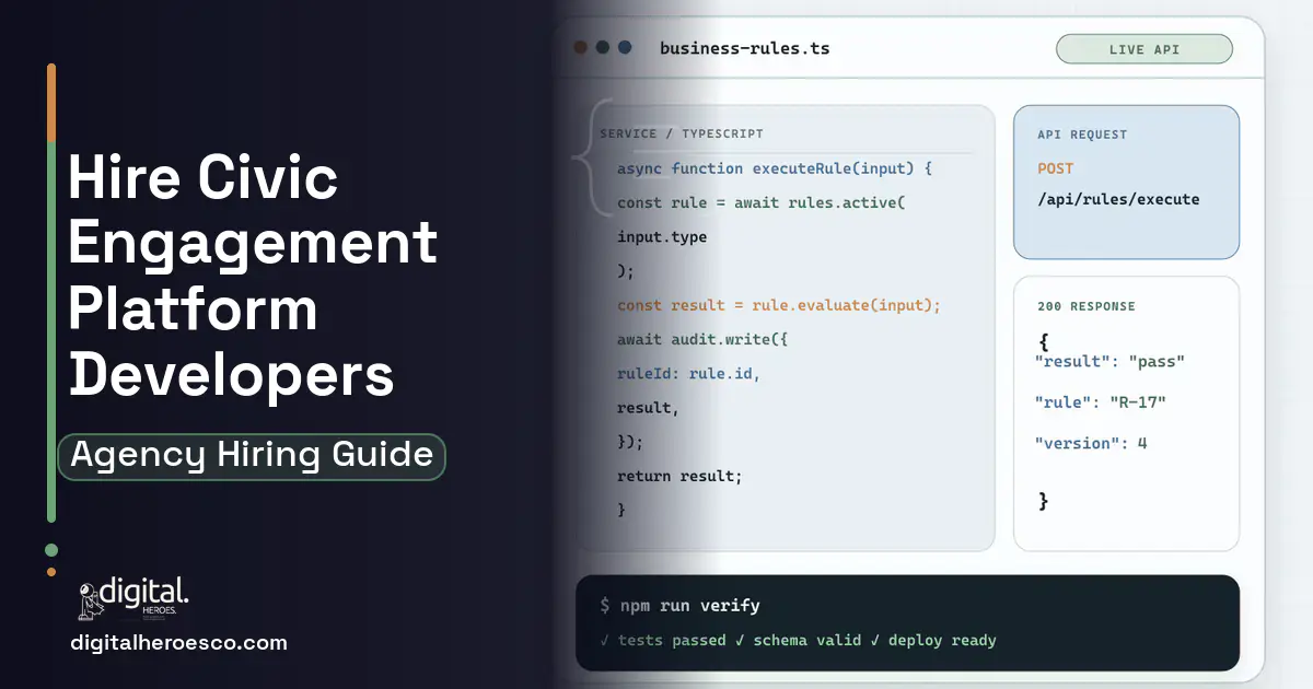 Custom Software Development code editor and API illustration for Civic Engagement Platform.