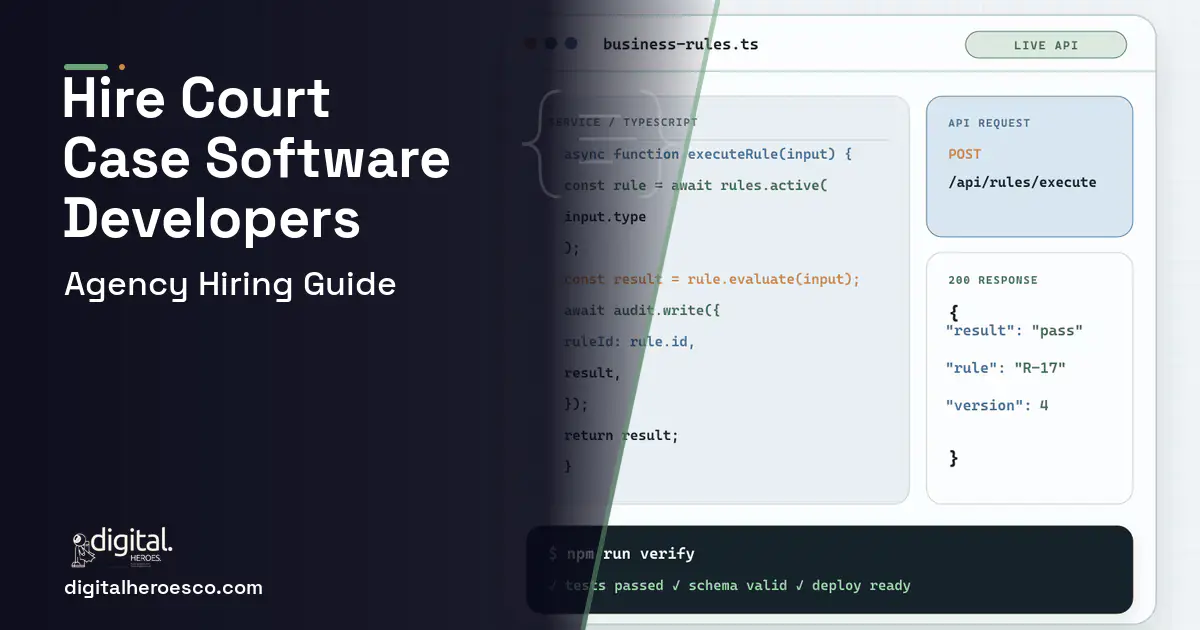 Custom Software Development code editor and API illustration for Court Case Management Software.