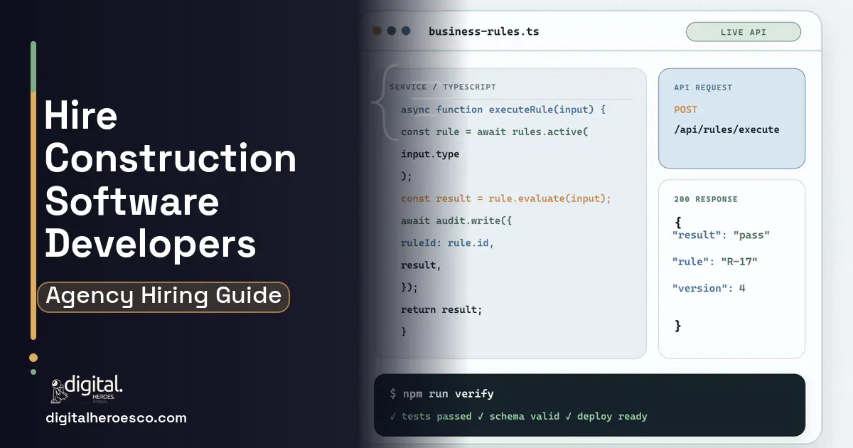 Custom Software Development code editor and API illustration for Custom Construction Management Software.