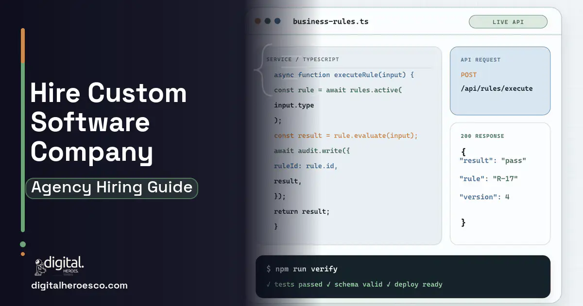 Custom Software Development code editor and API illustration for Custom Software Development.