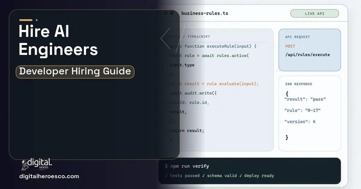 Custom Software Development code editor and API illustration for Hire AI Engineers.