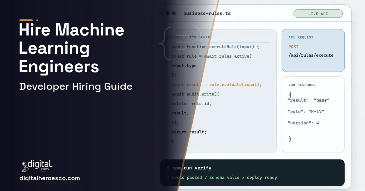 Custom Software Development code editor and API illustration for Hire Machine Learning Engineers.
