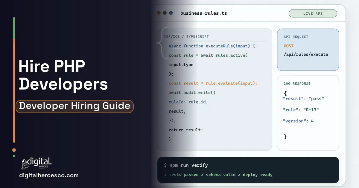 Custom Software Development code editor and API illustration for Hire PHP Developers.