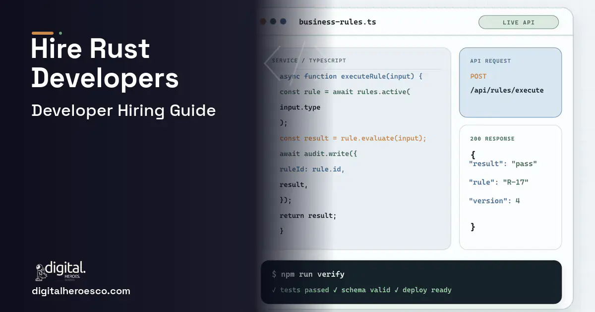 Custom Software Development code editor and API illustration for How to Hire Rust Developers.