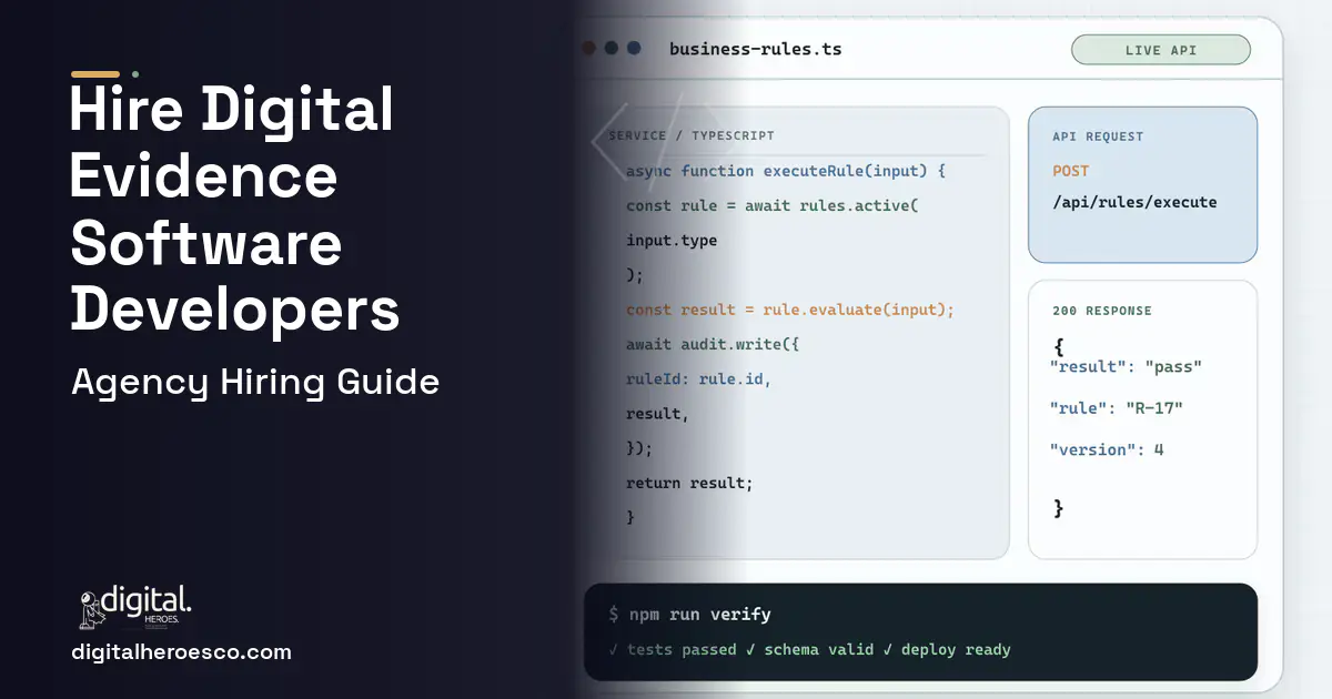 Custom Software Development code editor and API illustration for Digital Evidence Management Platform.