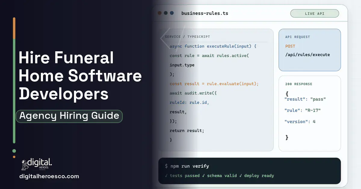 Custom Software Development code editor and API illustration for Funeral Home Management Software.