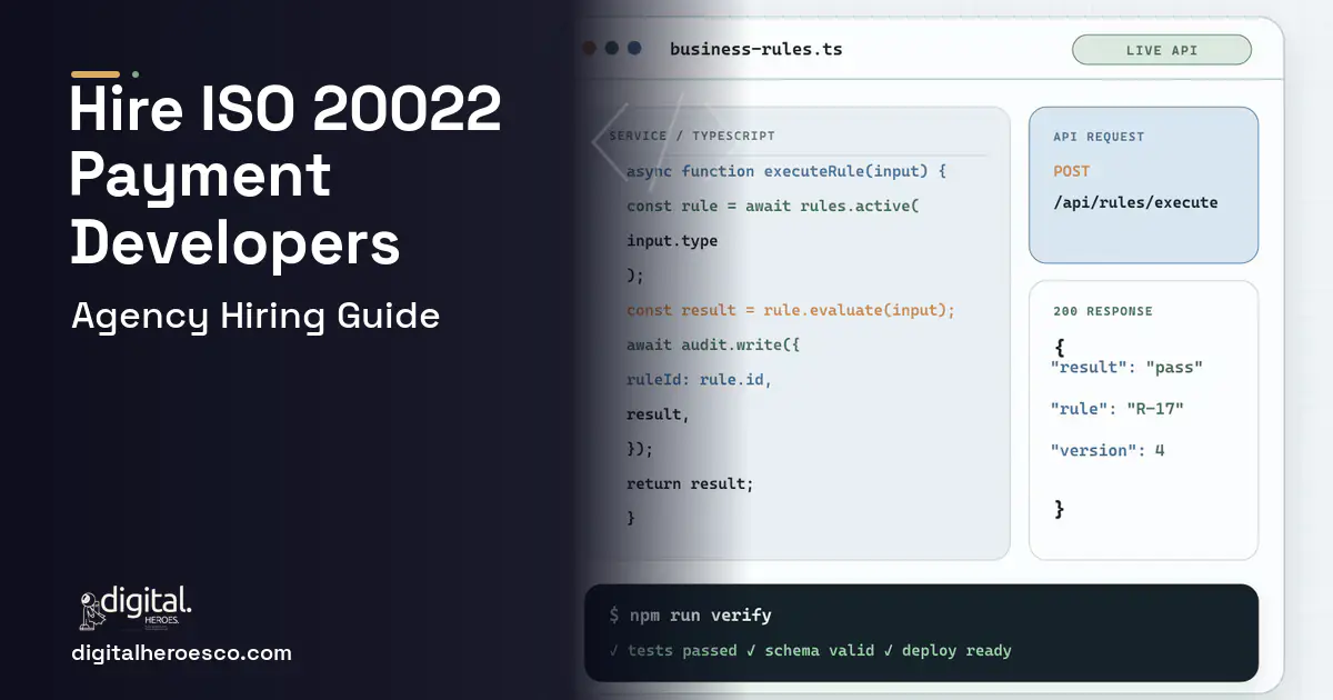 Custom Software Development code editor and API illustration for ISO 20022 Payment Transformation Software.