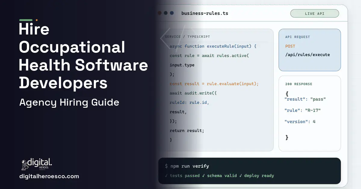 Custom Software Development code editor and API illustration for Occupational Health Software.