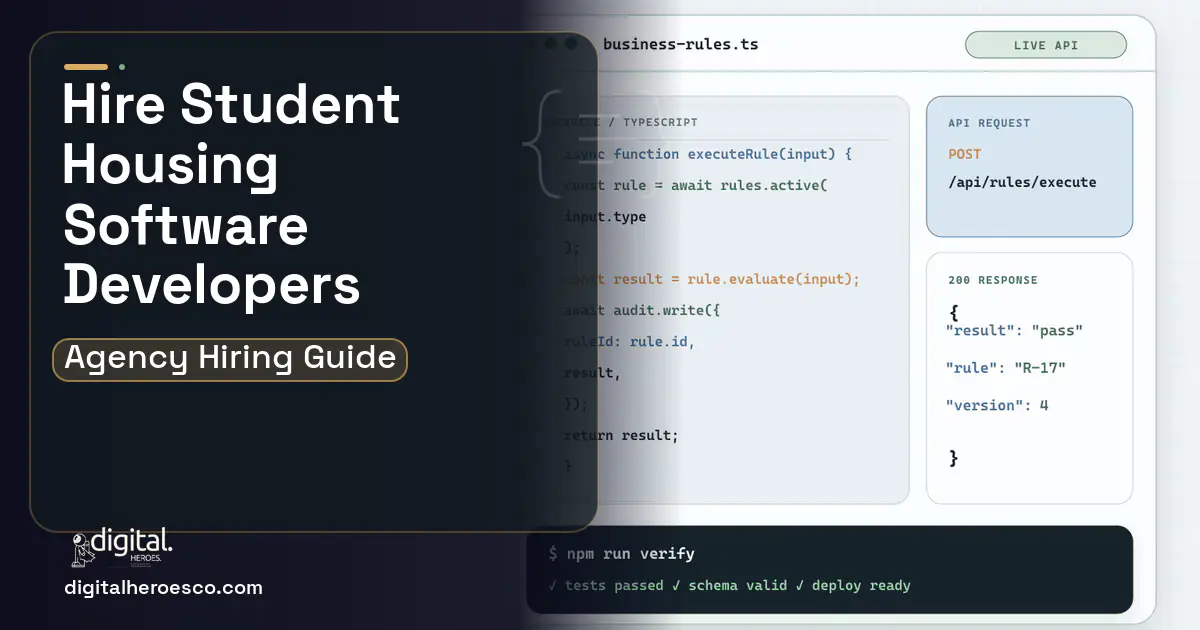 Custom Software Development code editor and API illustration for Student Housing Software.