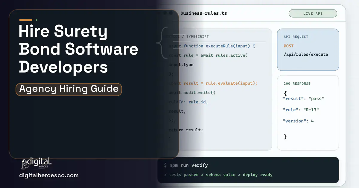 Custom Software Development code editor and API illustration for Surety Bond Management Software.
