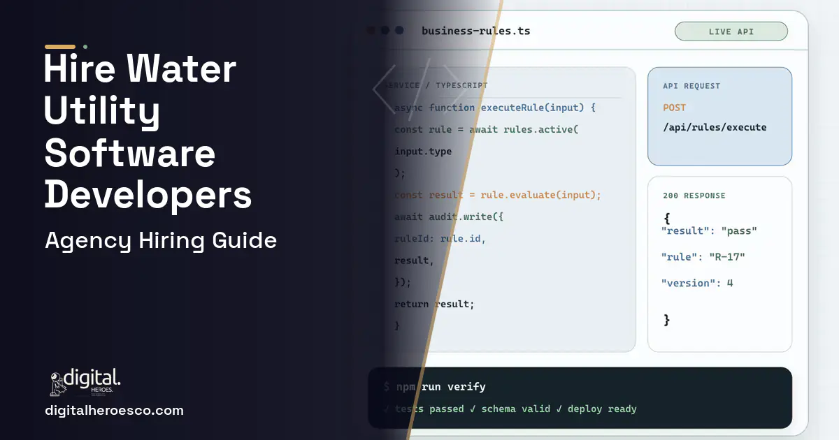 Custom Software Development code editor and API illustration for Water Utility Software.