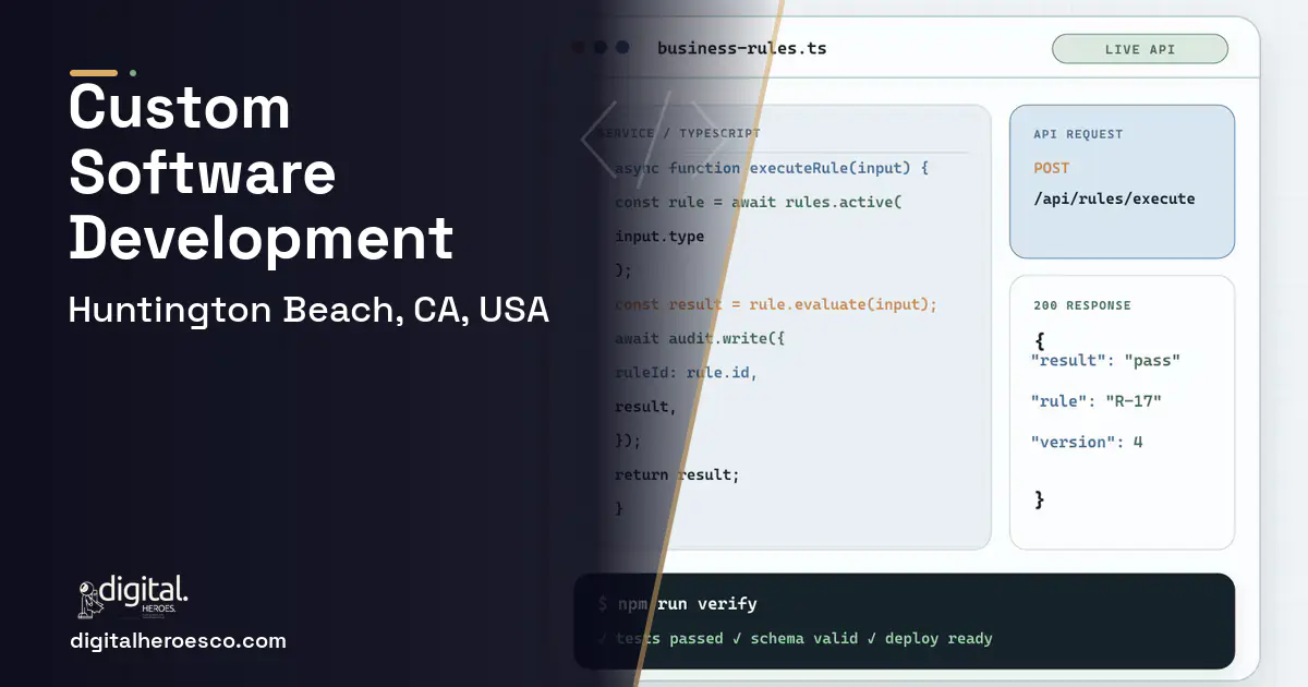Custom Software Development code editor and API illustration for Huntington Beach, CA, USA.