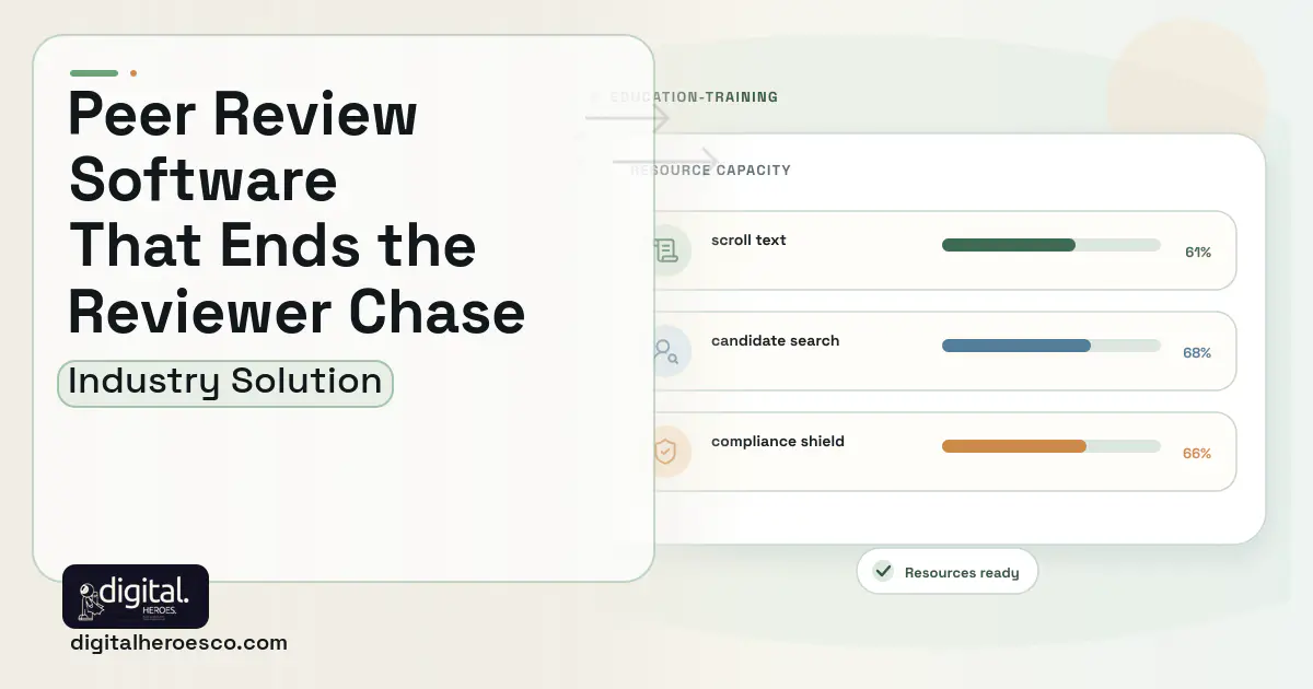 Academic Journal Peer Review software visual showing scroll text, candidate search, and compliance shield.
