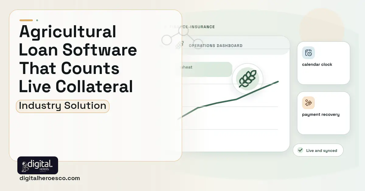 Agricultural Lending software visual showing wheat, calendar clock, and payment recovery.