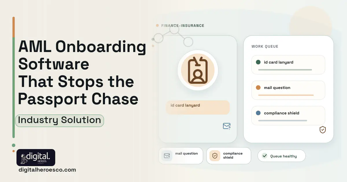 Aml Kyc Client Onboarding software visual showing id card lanyard, mail question, and compliance shield.