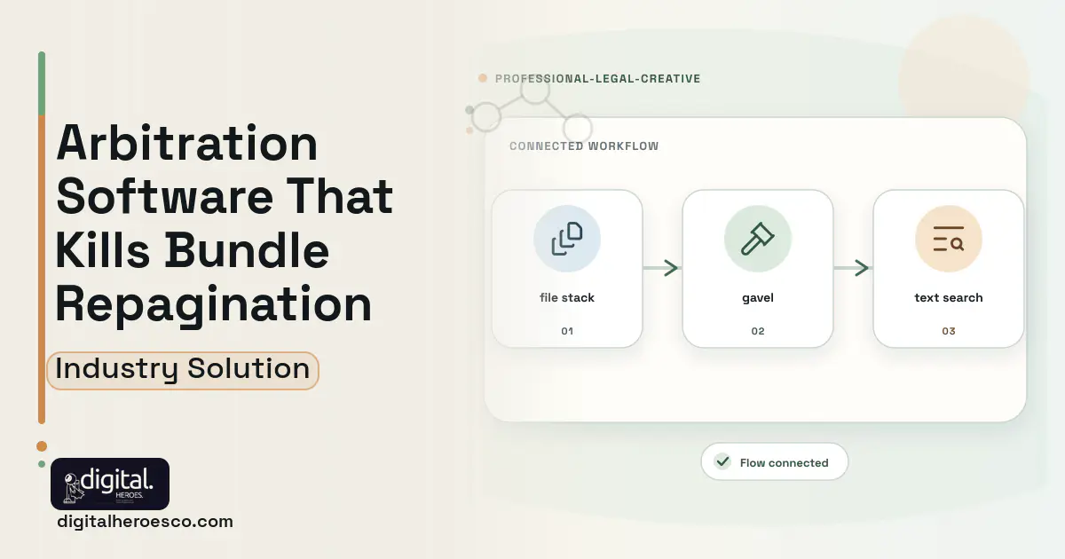 Arbitration and Hearing Management software visual showing gavel, file stack, and text search.