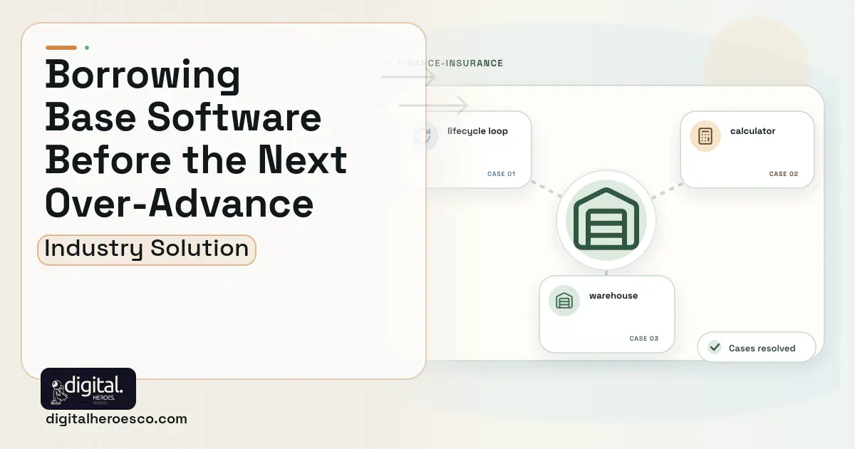Asset Based Lending software visual showing warehouse, lifecycle loop, and calculator.