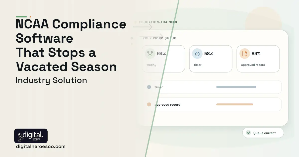 Athletics Compliance and Eligibility software visual showing trophy, timer, and approved record.