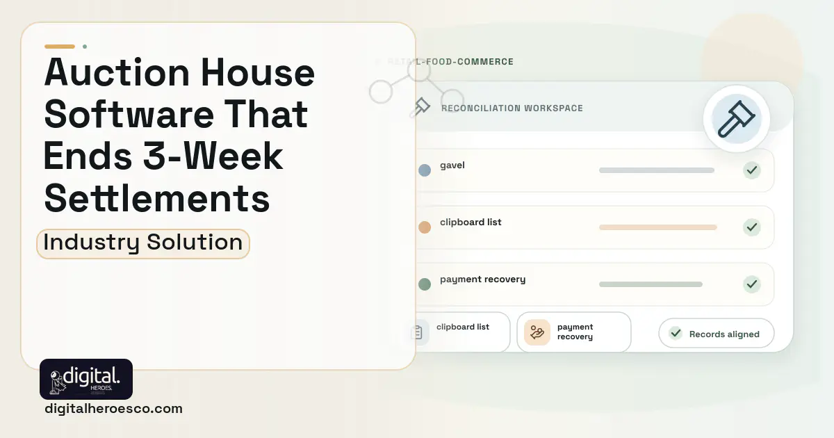 Auction House Management software visual showing gavel, clipboard list, and payment recovery.