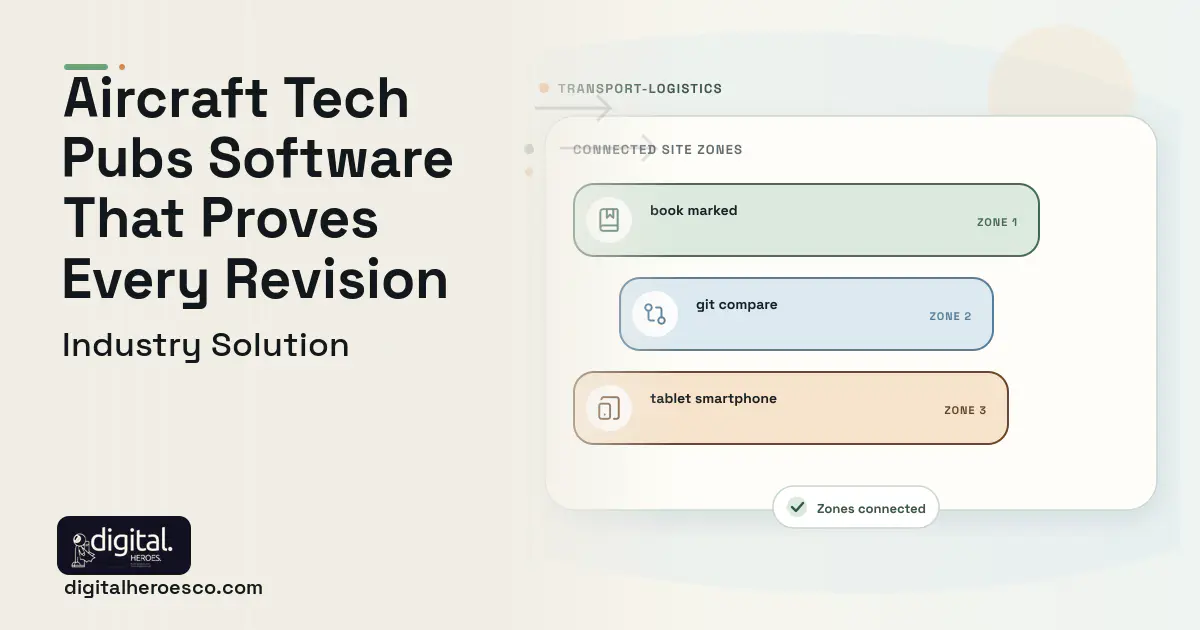 Aviation Technical Publications software visual showing book marked, git compare, and tablet smartphone.