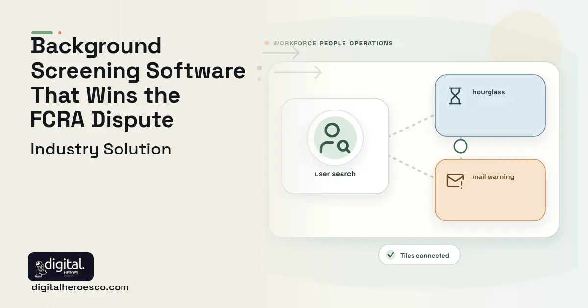 Background Screening software visual showing user search, hourglass, and mail warning.