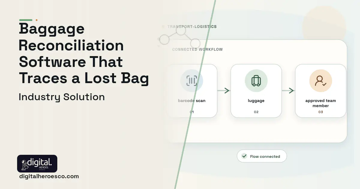 Baggage Reconciliation software visual showing luggage, barcode scan, and approved team member.