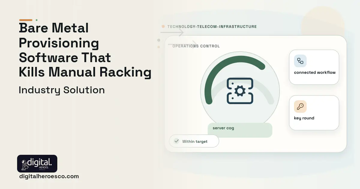 Bare Metal Hosting Provisioning Platform software visual showing server cog, connected workflow, and key round.