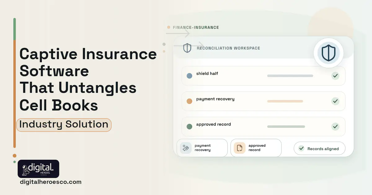 Captive Insurance Management software visual showing shield half, payment recovery, and approved record.