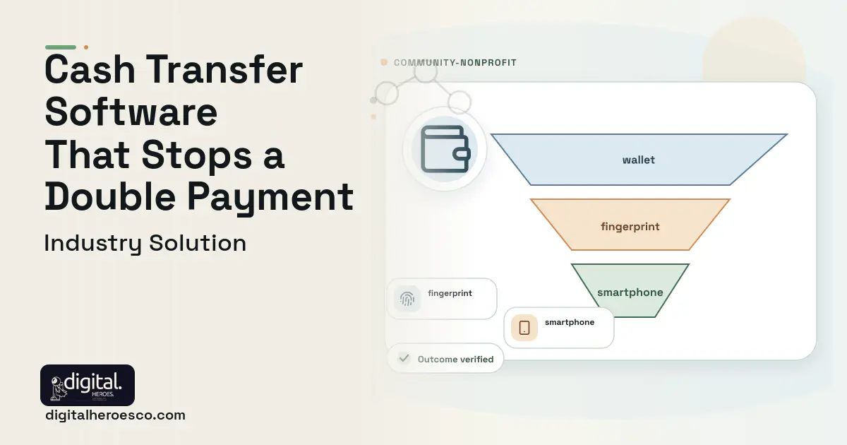Cash Voucher Assistance Platform software visual showing wallet, fingerprint, and smartphone.