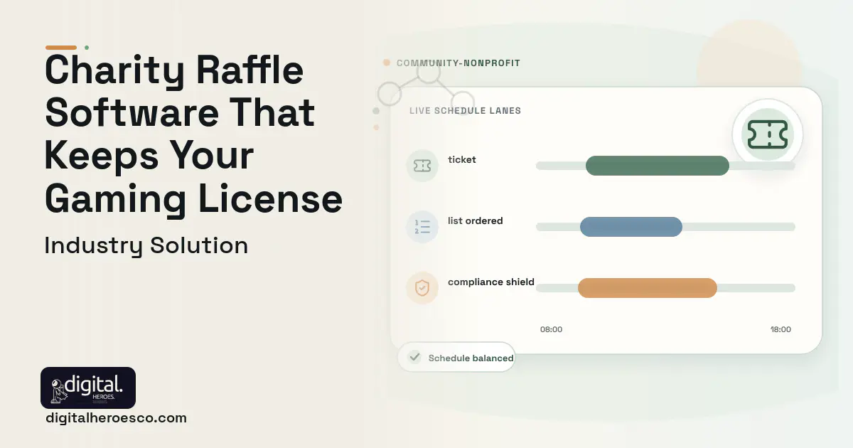 Charity Raffle Lottery Management software visual showing ticket, list ordered, and compliance shield.