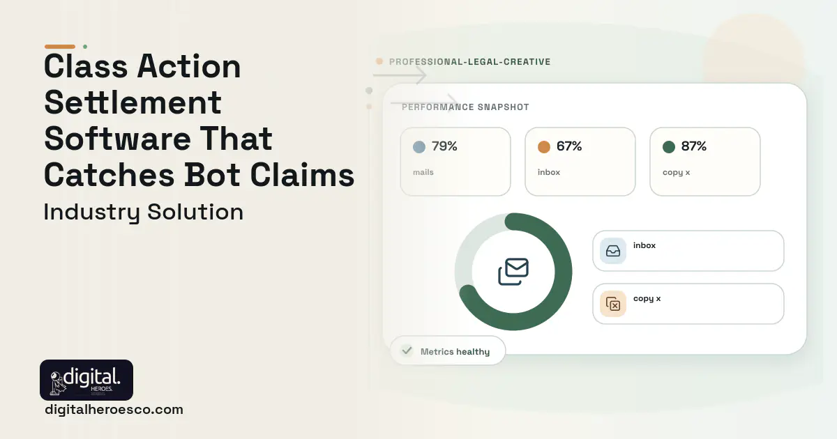 Class Action Settlement Administration software visual showing mails, inbox, and copy x.