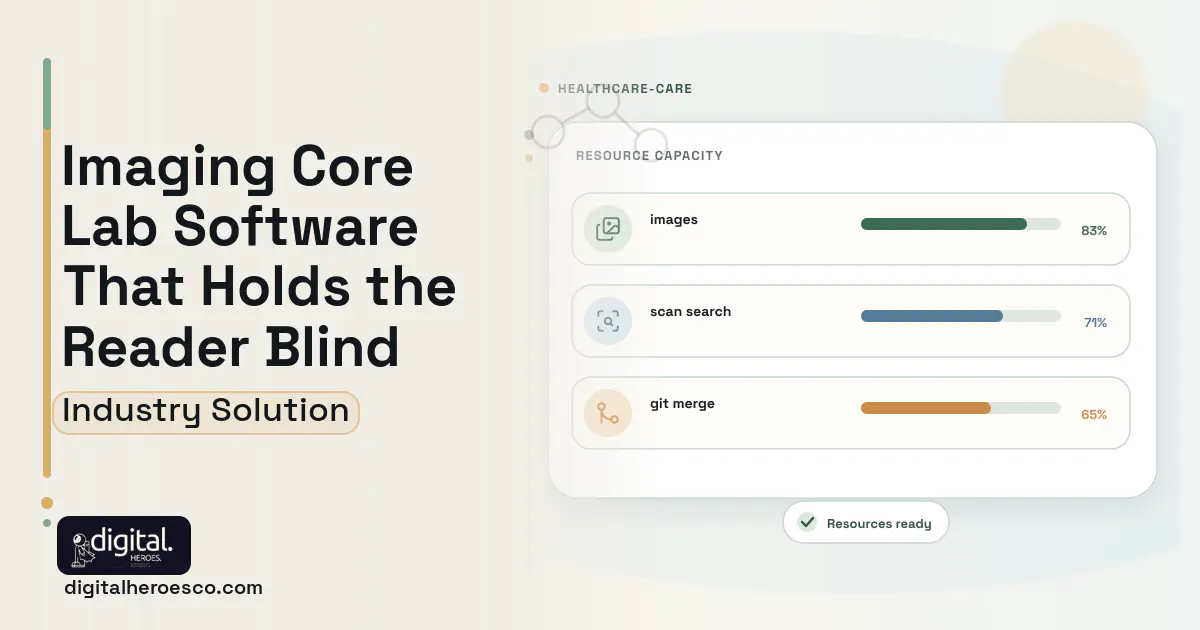 Clinical Trial Imaging Core Lab software visual showing images, scan search, and git merge.