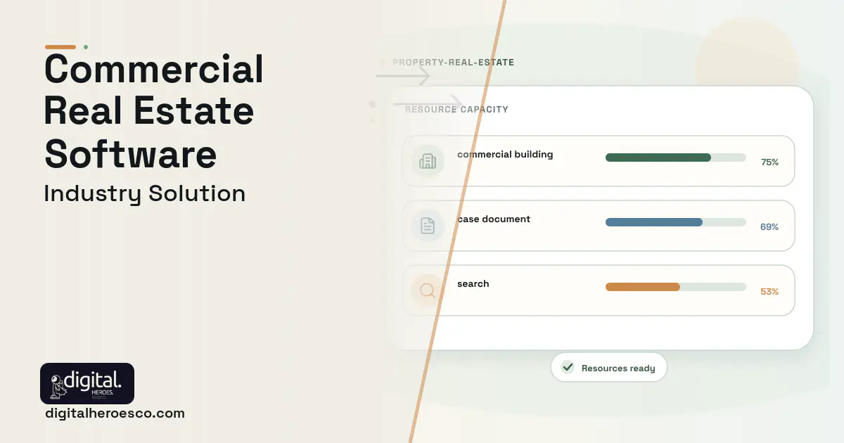 Commercial Real Estate software visual showing commercial building, case document, and search.