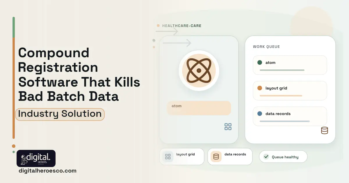 Compound Registration and Screening software visual showing atom, layout grid, and data records.