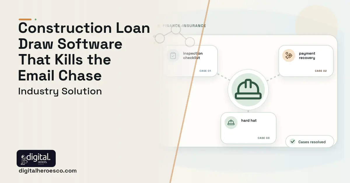 Construction Loan Draw Management software visual showing hard hat, inspection checklist, and payment recovery.