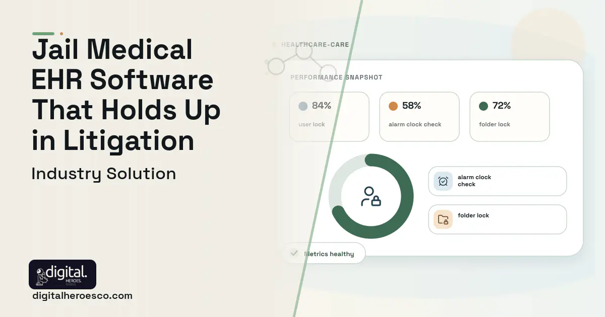 Correctional Health Records software visual showing user lock, alarm clock check, and folder lock.