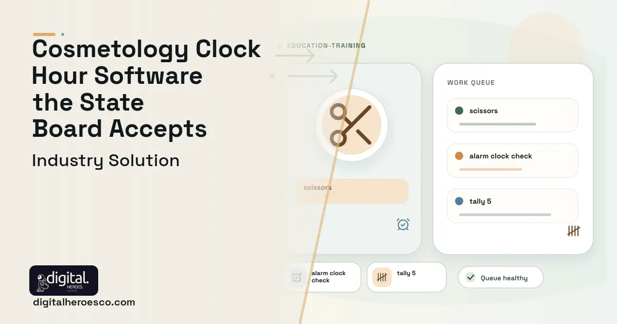 Cosmetology School Management software visual showing scissors, alarm clock check, and tally 5.