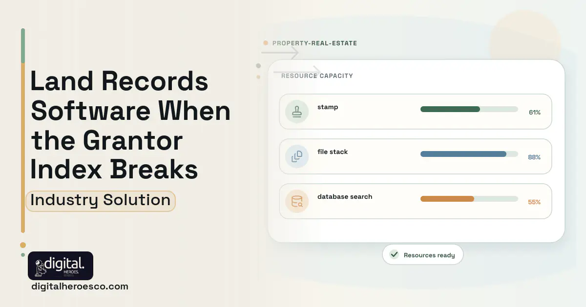 County Recorder Land Records software visual showing stamp, file stack, and database search.