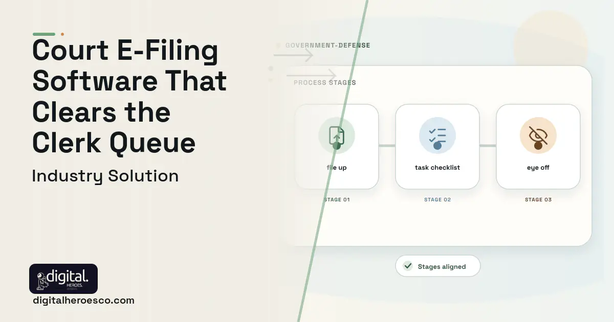 Court E Filing Platform software visual showing file up, task checklist, and eye off.